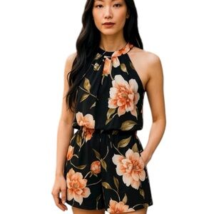 Black Floral Halter Top & High-Waist Shorts Matching Set – Size XL